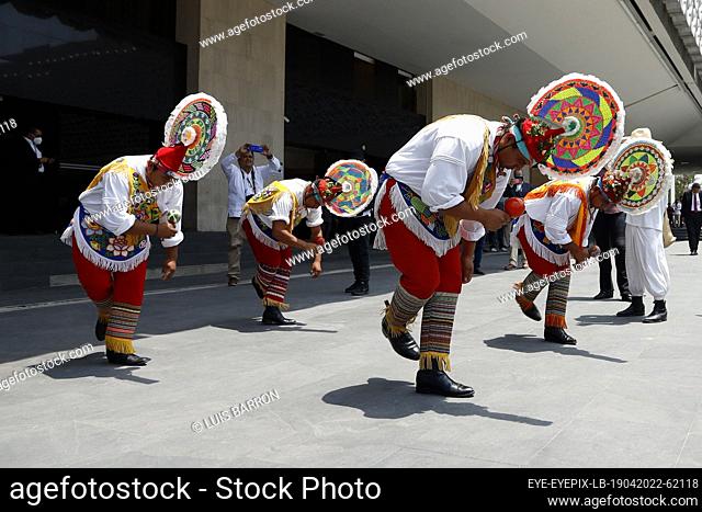 MEXICO CITY, MEXICO - APR 19, 2022: Papantla Flyers of the state of Veracruz during a ritual ceremony for a new cycle, as part of Veracruz Cultural Day...