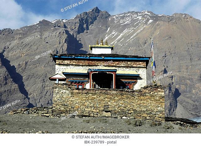 Tibetan monastery Gompa with a mountain range in the background Nar Nar-Phu Annapurna Region Nepal