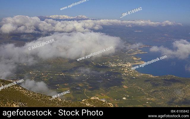 Spring in Crete, mountainside, stone walls, settlement, above the clouds, snow-capped mountains, Pachia Ammos, Mirabello Bay, Dikte Massif, Thripti Mountains
