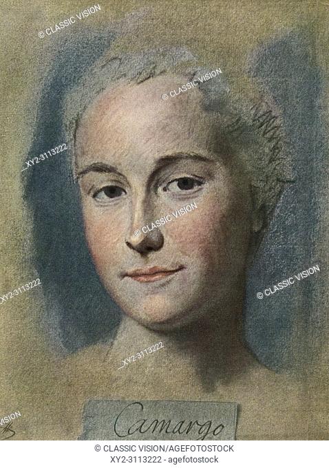 Marie Anne de Cupis de Camargo, 1710-1770, aka La Camargo. French dancer. After a work by French Rococo portraitist, Maurice Quentin de La Tour, (1704-1788)