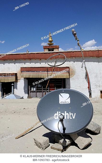 Shey monastery with satellite antenna and a bike wheel as a radio antenna, Ladakh, India, Himalayas, Asia
