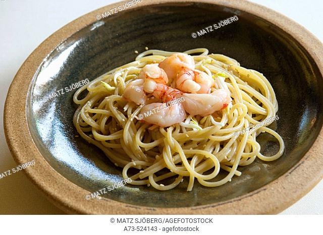 L'Albereta. Gualtiero Marchesi Restaurant. 'Spaghetti ai Gamberi Crudi e Germogli di Soia'. Erbusco, province of Brescia, in Lombardy