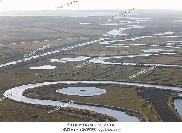 France, Charente Maritime, Marans, la Sevre Niortaise river meanders (aerial view)