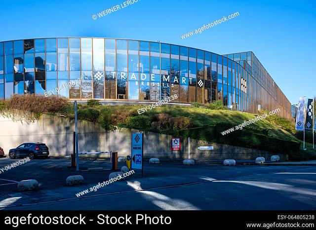 Laeken, Brussels Region, Belgium, November 28, 2023 - The Trade Mart Brussels building, a business to business, horeca related showroom