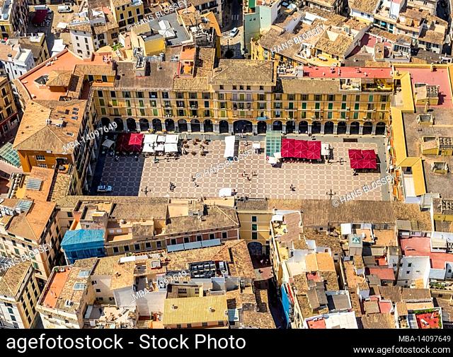 aerial view, plaça major, historic square with cafes, palma, mallorca, balearic islands, spain
