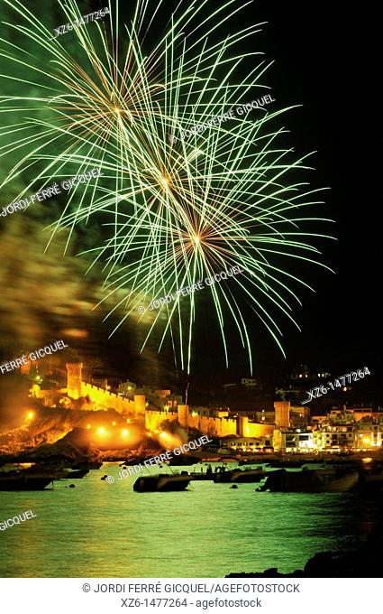 Fireworks over the bay, Tossa de Mar, Costa Brava, Catalonia, Spain, Europe