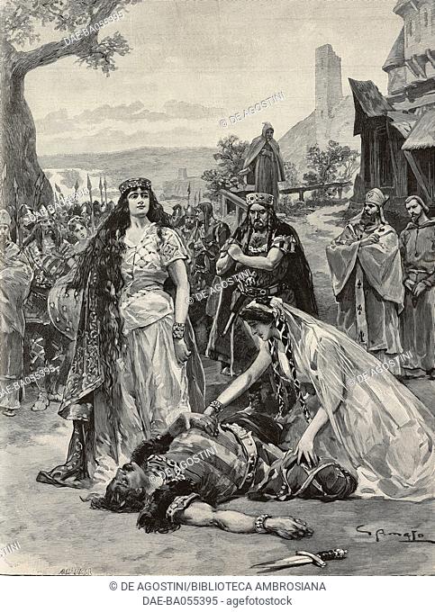 The death of Meroveo, scene from Fredegonde, drama by Louis Gallet, music by Ernest Guiraud and Camille Saint-Saens, at the Theatre de l'Opera, Paris, France