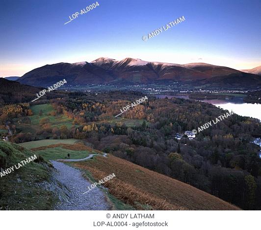 England, Cumbria, Derwent Water, The path that descends Catbells offers grand views over to Skiddaw and Derwent Water. Derwent Water is one of the principal...