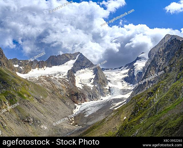 Valley Gaisbergtal, Mt. Hochfirst and Mt. Lieberkogel seen from Mt. Hohe Mut. Oetztal Alps in the nature park Oetztal near village Obergurgl