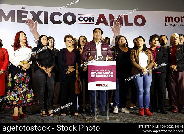 MEXICO CITY, MEXICO - APR 10, 2022: The president of the Movimiento Regeneración Nacional Party (MORENA), Mario Delgado Carrillo accompanied by Karla Yuritzi...