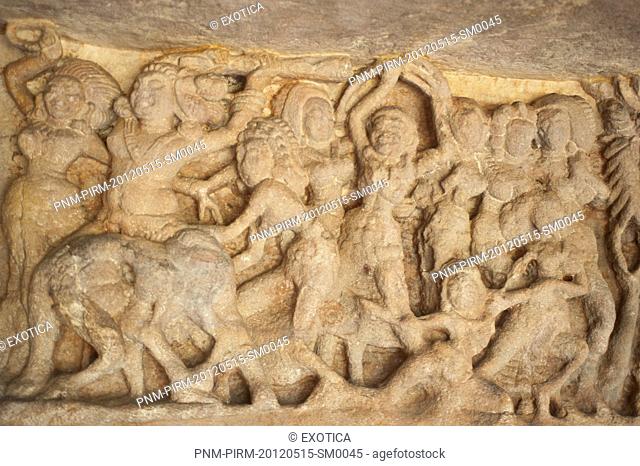 Details of carvings at an archaeological site, Udayagiri and Khandagiri Caves, Bhubaneswar, Orissa, India