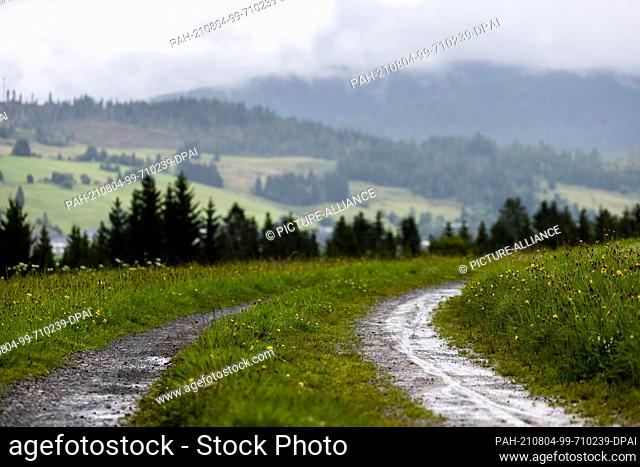 04 August 2021, Baden-Wuerttemberg, Bernau: A puddle stands on a dirt road while the Black Forest can be seen in the background with rain clouds hanging over it