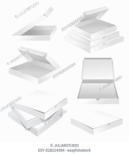 Realistic 3d pizza empty white cardboard box package set isolated on white background