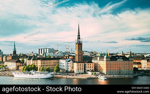 Stockholm, Sweden. Gamla Stan Is Famous Popular Place And Destination Scenic. Riddarholm Church In Sunny Summer Cityscape Skyline