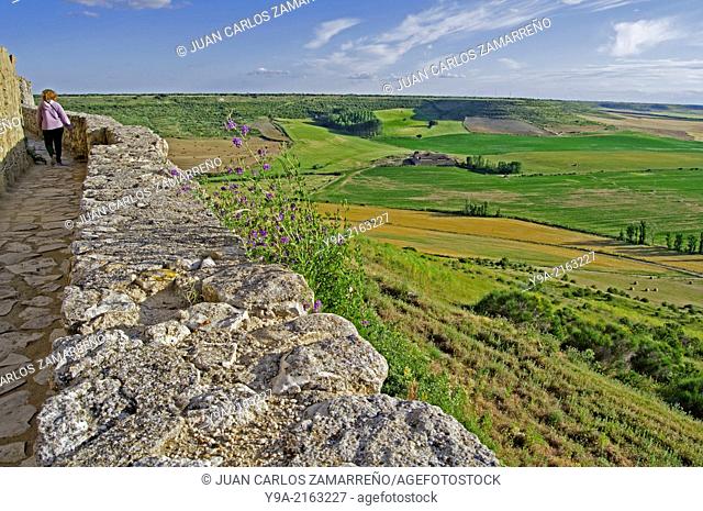 Uruena walls and landscape, XIth Century, Uruena, Montes Torozos, Villa del Libro, Book village, Valladolid, Castilla y Leon, Spain