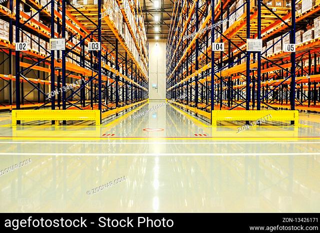 Warehouse racking in large industrial storage, copyspace, industrial, manufacturing and logistics concept