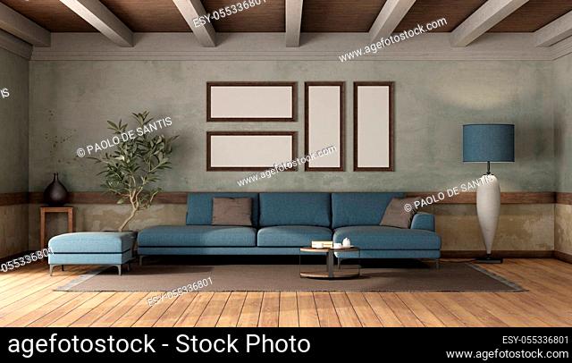 Modern blue sofa and footstool in a retro room with old walls - 3d rendering