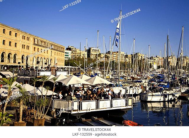Barcelona, Port Vell, Bar terasse on deck of a boat in front of Museu d Historia de Catalunya