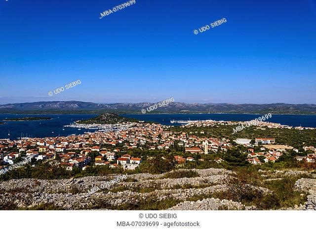 Croatia, Dalmatia, Sibenik archipelago, Murter island, Murter town and Betina, view from the Raduc mountain
