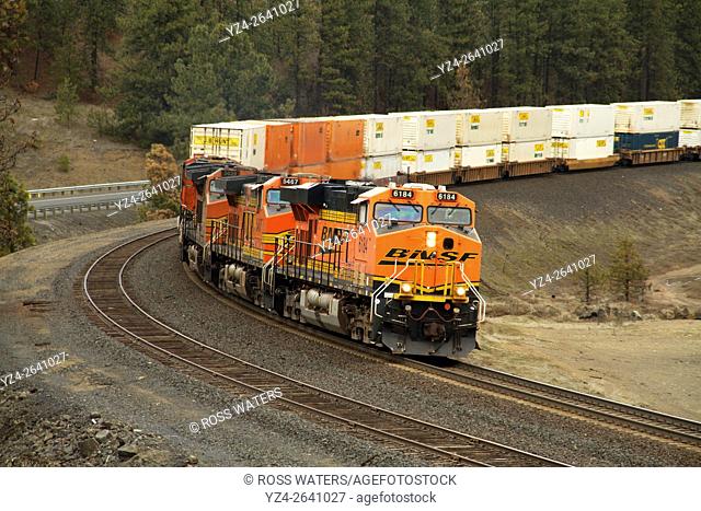 BNSF stack train at Scribner Siding, Marshall, Washington, USA