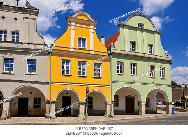Baroque and classicist tenements at the market square in village Chelmno Slaskie, Lower Silesian voivodeship, Poland