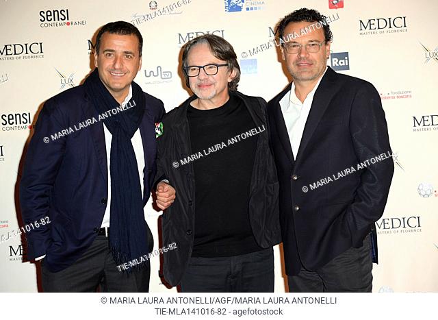 The producer Luca Bernabei, the creator Frank Spotnitz, the director Sergio Mimica Gezzan during the photocall of fiction tv I Medici, Florence