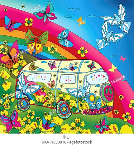 Butterflies and rainbow surrounding hippy van