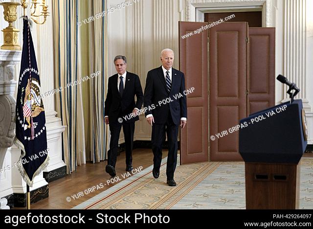 United States President Joe Biden arrives to deliver remarks on the Hamas terrorist attacks in Israel in the State Dining Room of the White House in Washington