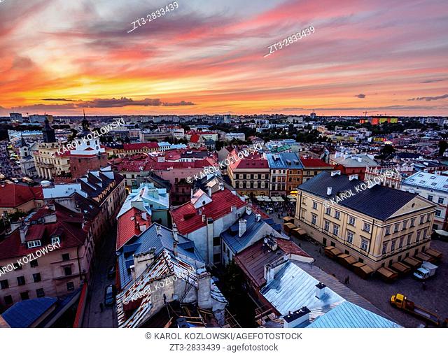 Poland, Lublin Voivodeship, City of Lublin, Old Town, Elevated view of the Market Square at sunset