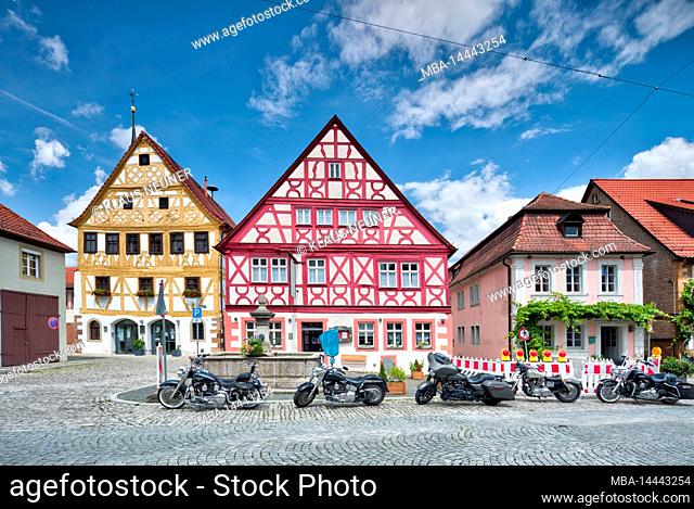 City hall, city administration, half-timbering, house facade, spring, village view, Prichsenstadt, Franconia, Bavaria, Germany, Europe