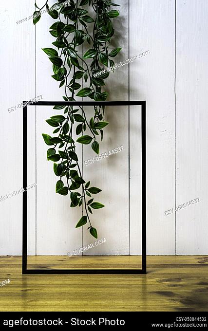 one blank black frame and an ivy on a white wood background