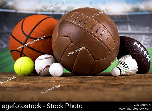 Sport equipment and balls, stadium background