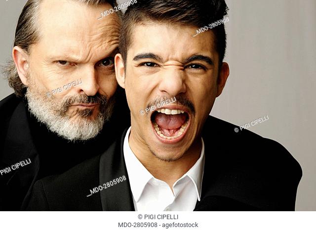 The rapper Moreno (Moreno Donadoni) and the actor and singer-songwriter Miguel Bosé (Luis Miguel GonzÃ¡lez) posing at Helios studios where the talent show Amici...