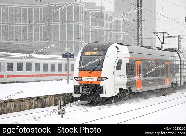 Essen, North Rhine-Westphalia, Germany - onset of winter in the Ruhr area, Essen train station, many trains are delayed or canceled due to ice and snow