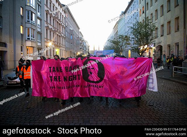 30 April 2023, Berlin: People take part in the leftist demonstration ""Take back the night."" in Berlin-Kreuzberg. During the demonstration of women on the...