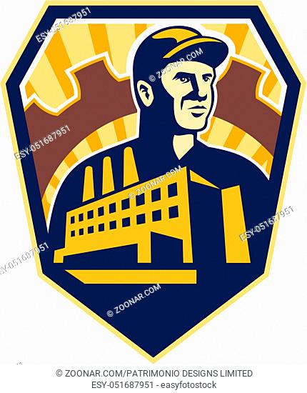 Illustration of a factory worker with factory building and mechanical gear cog in background set inside shield crest done in retro style