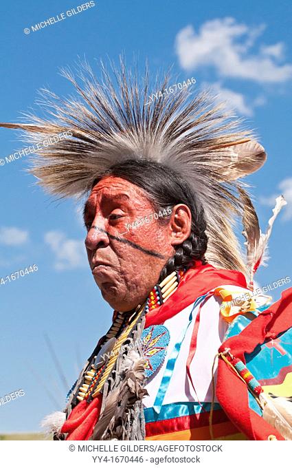 Blackfoot man in traditional regalia, Siksika Nation Pow-wow, Gleichen, Alberta, Canada