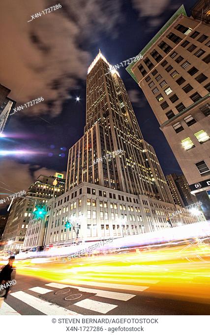 Empire State Building at night on Fifth Avenue in Manhattan, New York City, United States of America