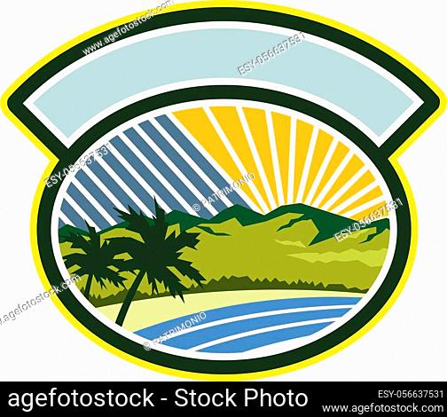 Illustration of tropical trees, mountains and sea coast set inside oval shape with sunburst in the background done in retro style