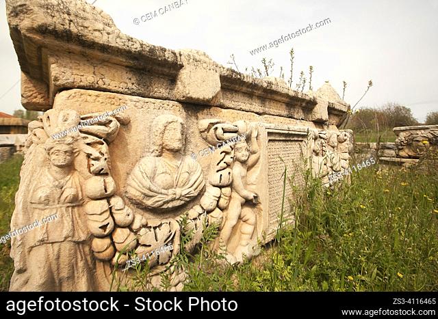 View of the sarcophagus at the Aphrodisias Archaeological Site, a sanctuary dedicated to the goddess Aphrodite, Geyre, Aydin Province, Asia Minor, Turkey