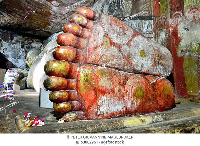 Reclining Buddha in one of the cave temples of the Golden Temple, UNESCO World Heritage Site, Dambulla, Central Province, Sri Lanka