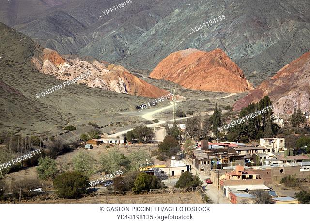 Pumamarca, Jujuy, Argentina. It belongs to the department of Tumbaya and was founded in 1594. The village of Purmamarca is located on the hill of the seven...