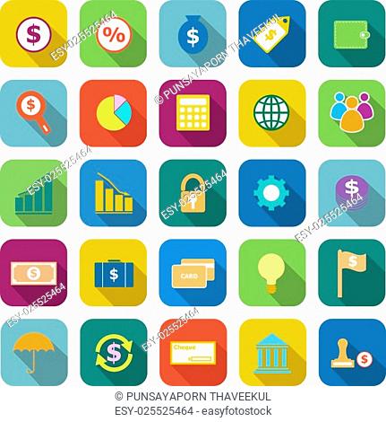 Finance color icons with long shadow on white background