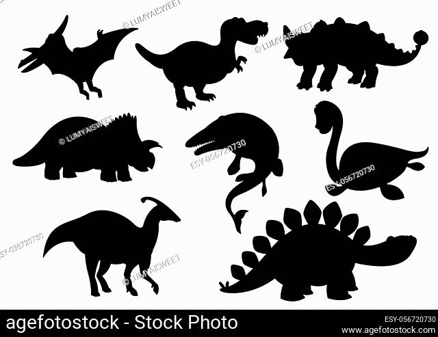 Dinosaurs and Jurassic dino monsters icons silhouette vector set