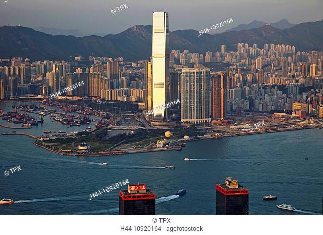 Asia, China, Hong Kong, Victoria Peak, View, Peak, Victoria Harbour, Kowloon, West Kowloon, International Commerce Centre, ICC, Harbour, Skyscrapers, Modern