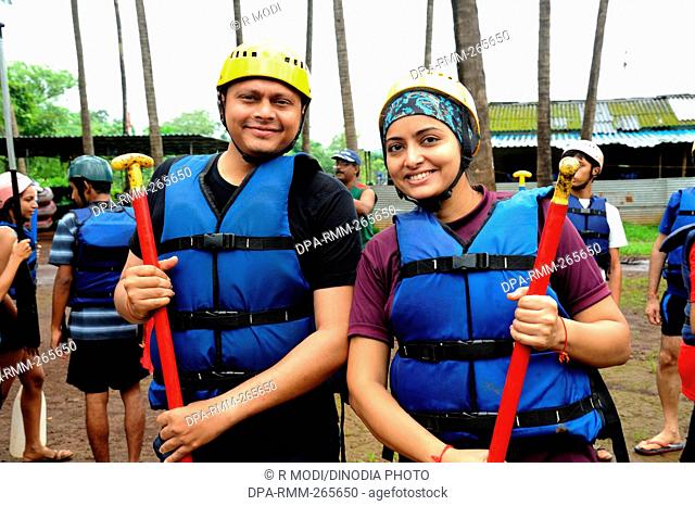 couple in life jacket for River Rafting, Raigad, Maharashtra, India, Asia, MR#364
