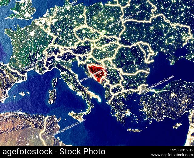 Bosnia and Herzegovina from space on Earth at night. Very fine detail of the plastic planet surface with bright city lights. 3D illustration