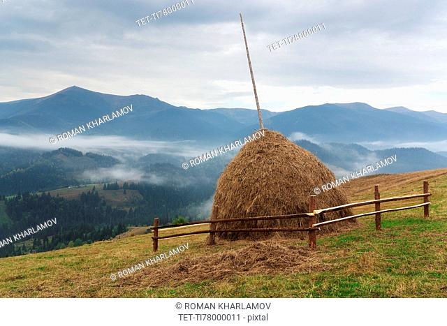 Haystack on field in mountains
