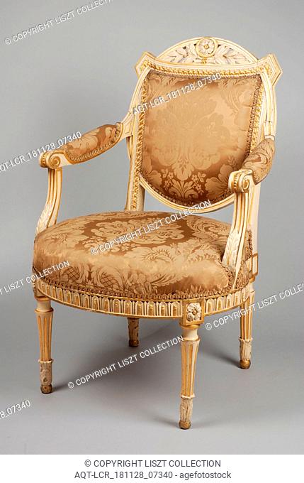 White painted, partly gilded Louis Seize armchair, armchair chair seating furniture interior interior design wood beechwood lacquer gold leaf silk damask