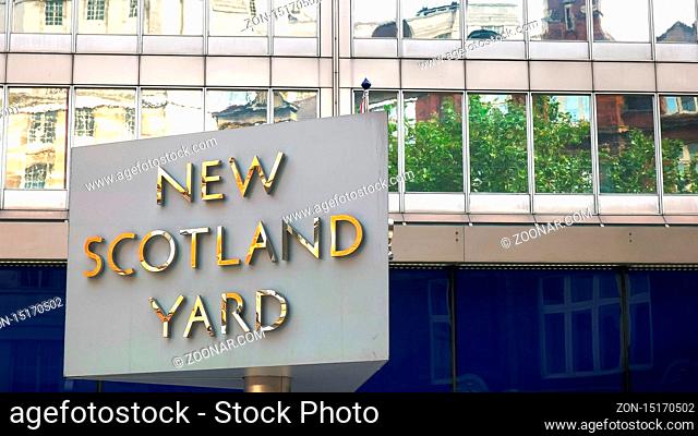 LONDON, ENGLAND, UK - SEPTEMBER 17, 2015: close up shot of the new scotland yard sign in london, United Kingdom